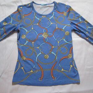 J McLaughlin Catalina Cloth Geometric Blue White T Shirt Small 3/4 Horse Bit